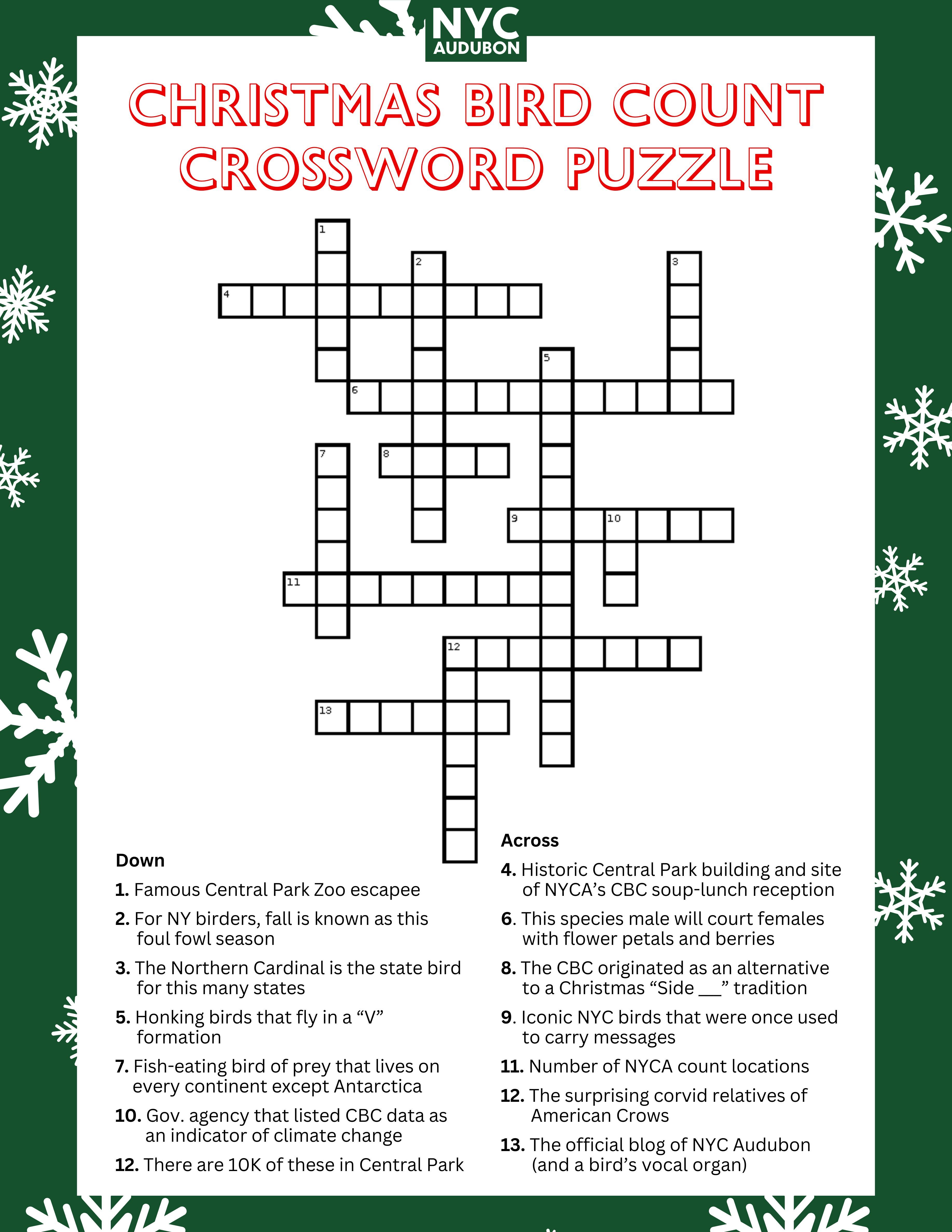 Christmas Bird Count Crossword Puzzle. Graphic by NYC Bird Alliance.