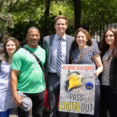 Kathy Nizzari, Christian Cooper, Councilmember Erik Bottcher, and NYC Bird Alliance Executive Director Jessica Wilson at a Lights Out Rally. Photo: Denise Kelly