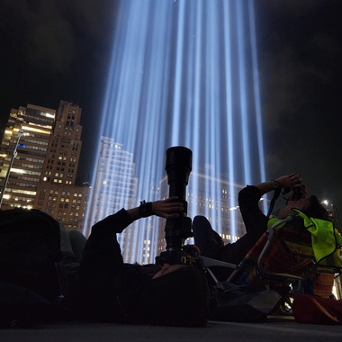 Volunteers join NYC Bird Alliance staff to monitor the 9/11 Tribute in Light memorial for birds trapped in the light beams. Photo: NYC Bird Alliance
