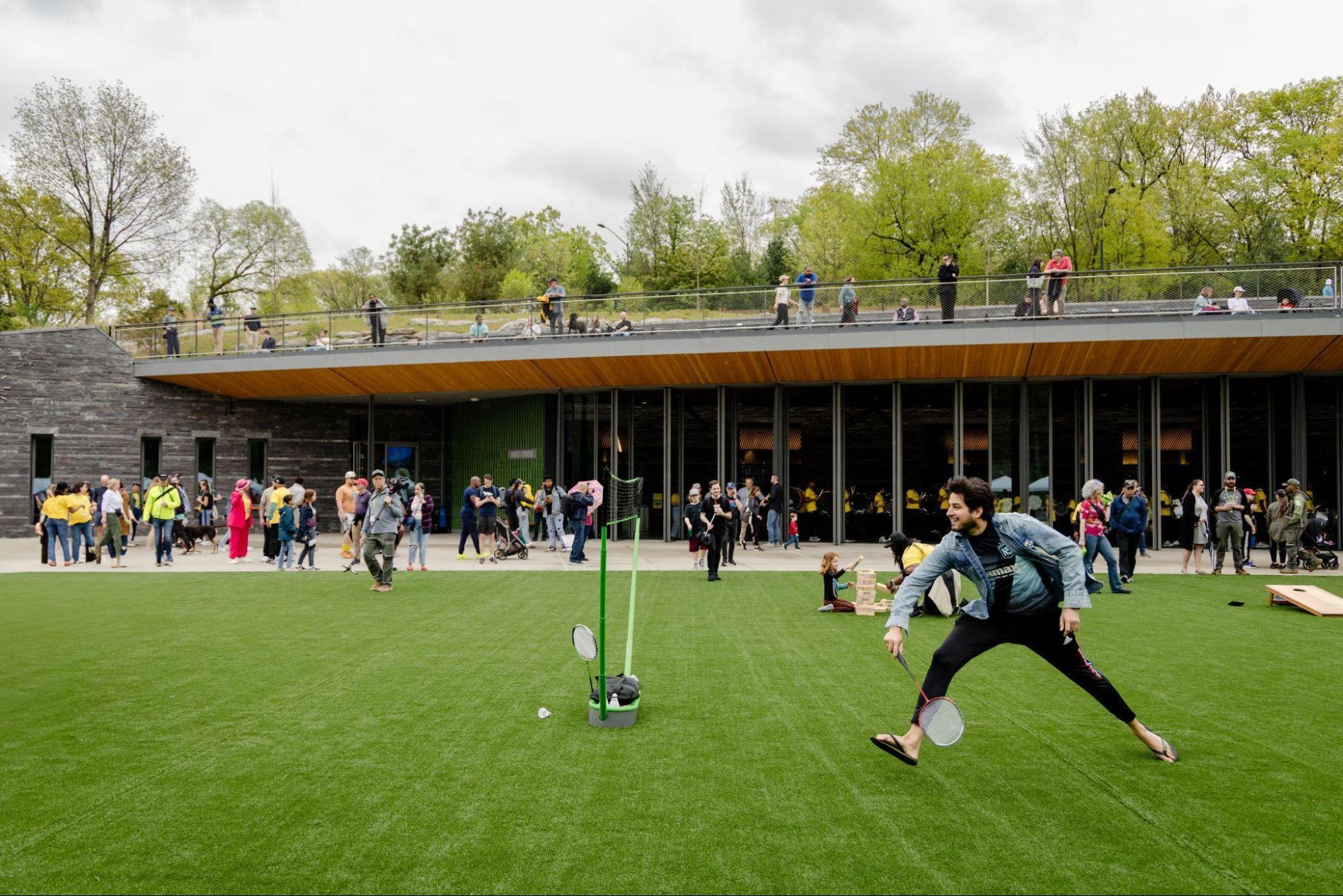 On April 26, 2025, hundreds of people eagerly gathered on the public green to celebrate the opening of Central Park’s renovated Davis Center. Photo: Central Park Conservancy