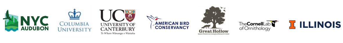 Logos for NYC Bird Alliance, Columbia University, the University of Canterbury, American Bird Conservancy, Great Hallow Nature Preserve & Ecological Research Center, Cornell Lab of Ornithology, and University of Illinois at Urbana-Champaign
