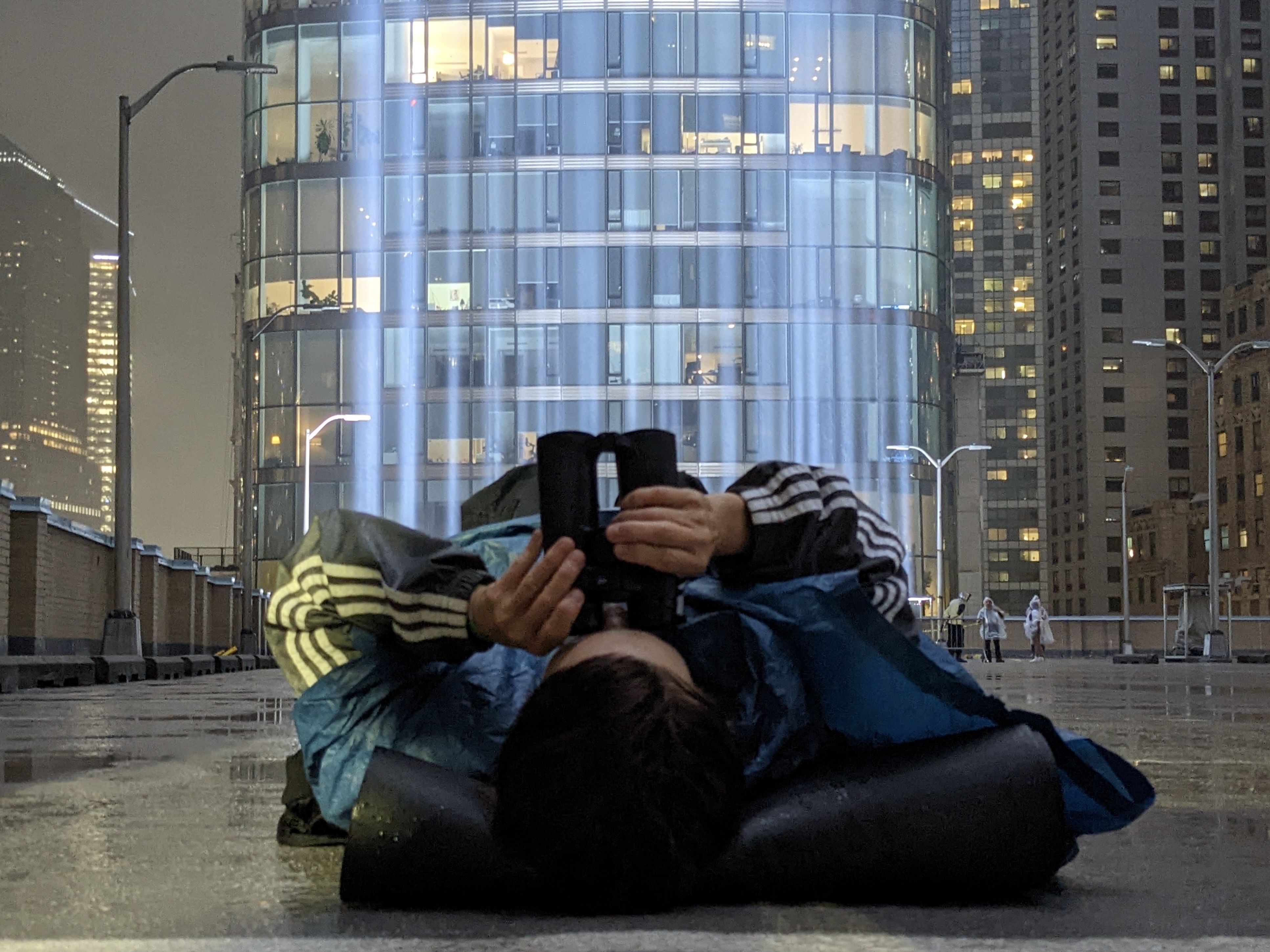 Lili Taylor volunteers as a collision monitor at the 9/11 Tribute in Light, counting birds stuck in the memorial beams and ensuring their safety. Photo: NYC Bird Alliance