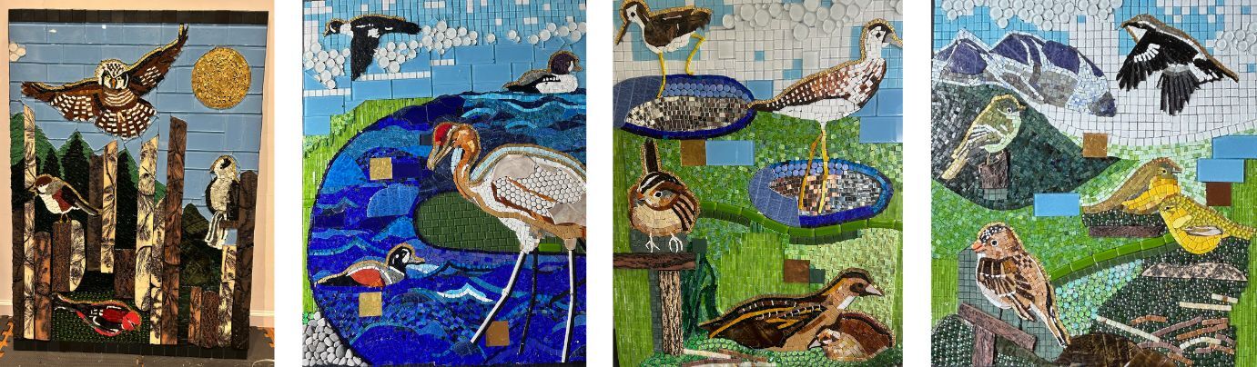 The four panels of the spectacular “Birdwatching in the Boreal Forest” installation by artist Susan Stair depict the various habitat of this critical ecosystem and the birds that depend on it, from left to right: Forest; Waterways; Wetlands; Scrub Shrub. Photos: Susan Stair